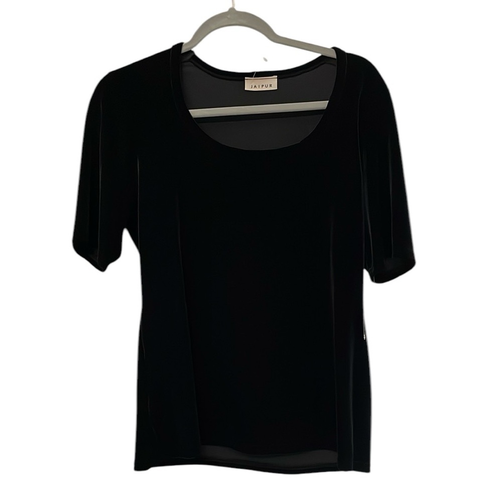 Jaipur Black L Short Sleeve Top Shirt Blouse Scoop Neck Velvet Feel Holiday New